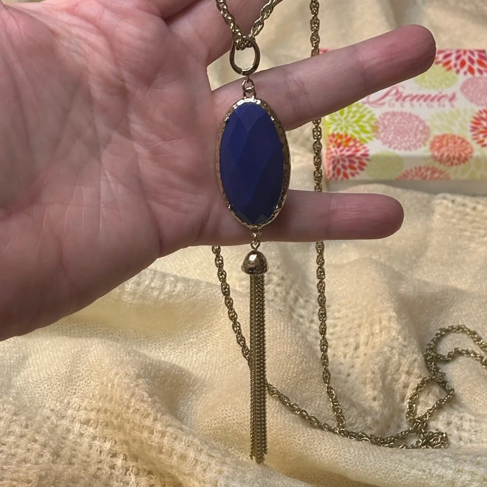 Premier Designs "CECE" Double-Sided Teal Blue Pendant Necklace NWT Gold Tone - Picture 12 of 12